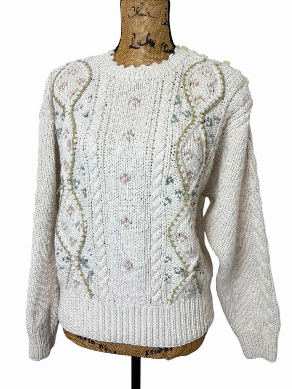 Vintage 90s Liz Claiborne Hand Knit Cable Sweater Floral Cotton Cottagecore - Picture 2 of 7